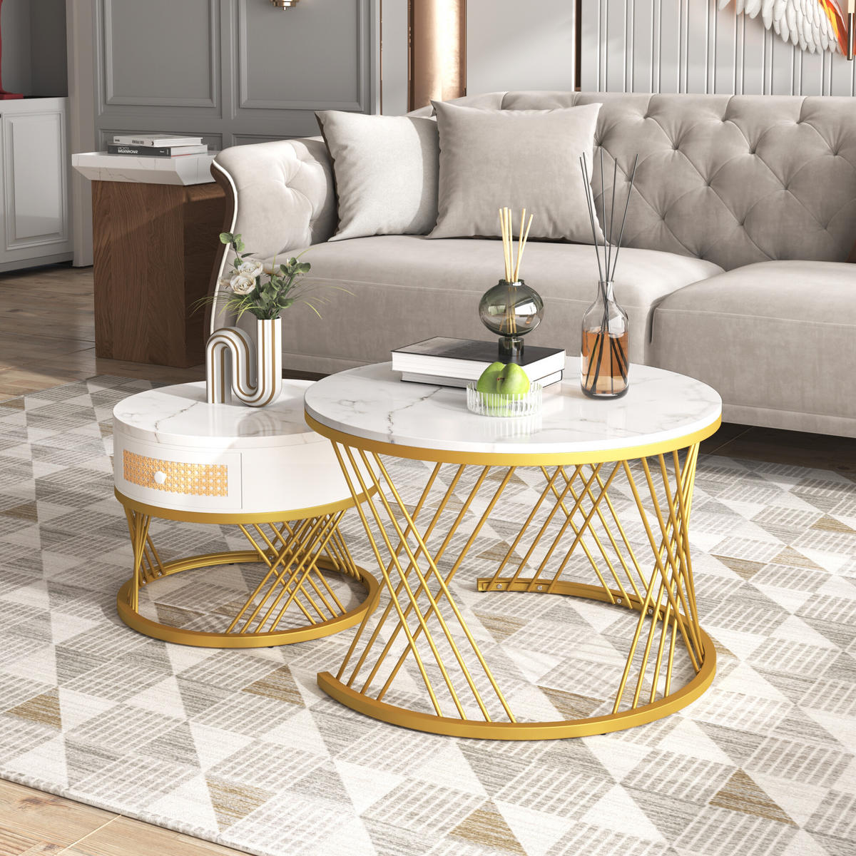 COUCHTISCHSET 2er-Set Rund Weiß - Weiß, Holzwerkstoff/Metall (70/70/45.5cm) - Urban Meuble