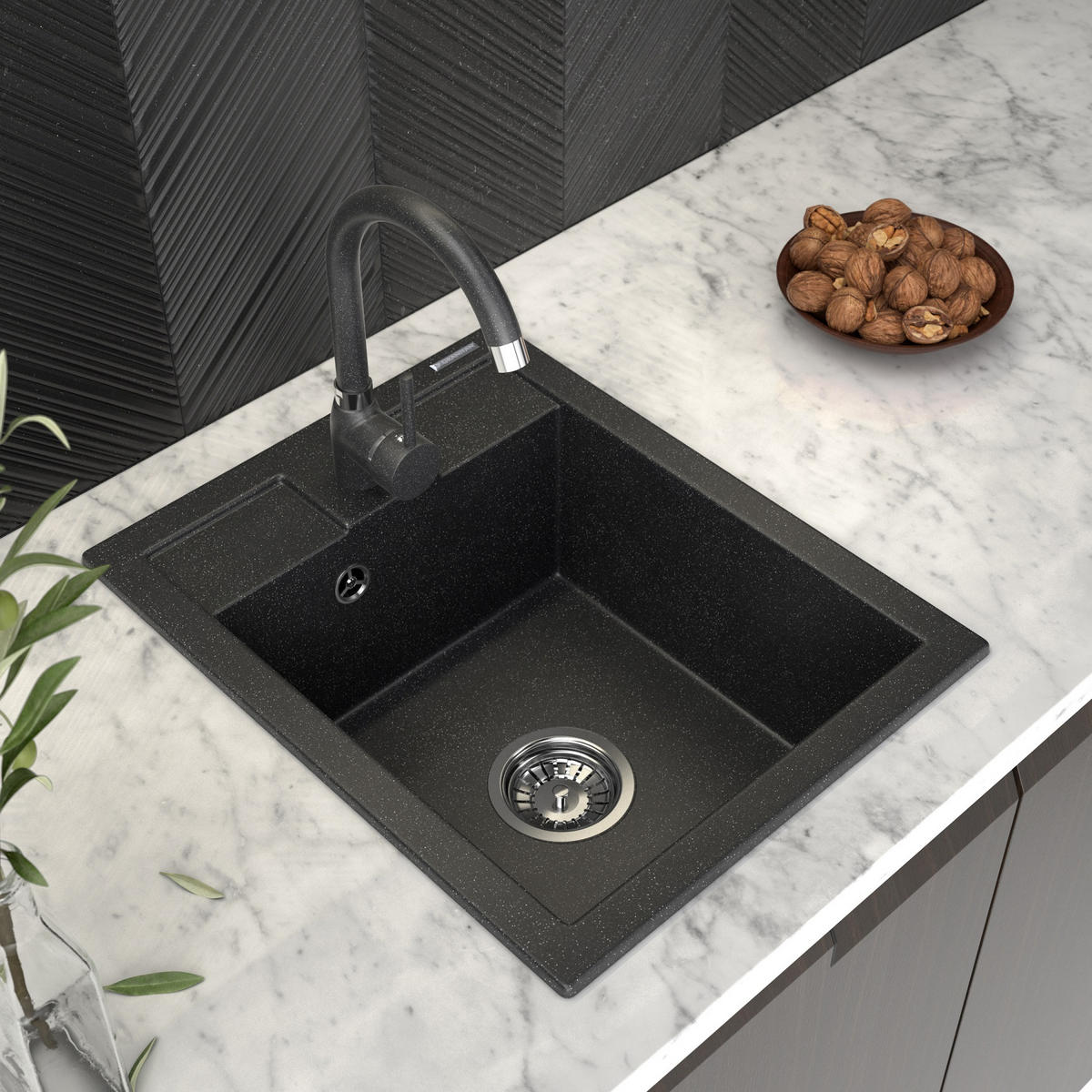 GRANITSPÜLE Samos mit Siphon - Schwarz, Kunststoff/Stein (40/18/50cm) - Granitan