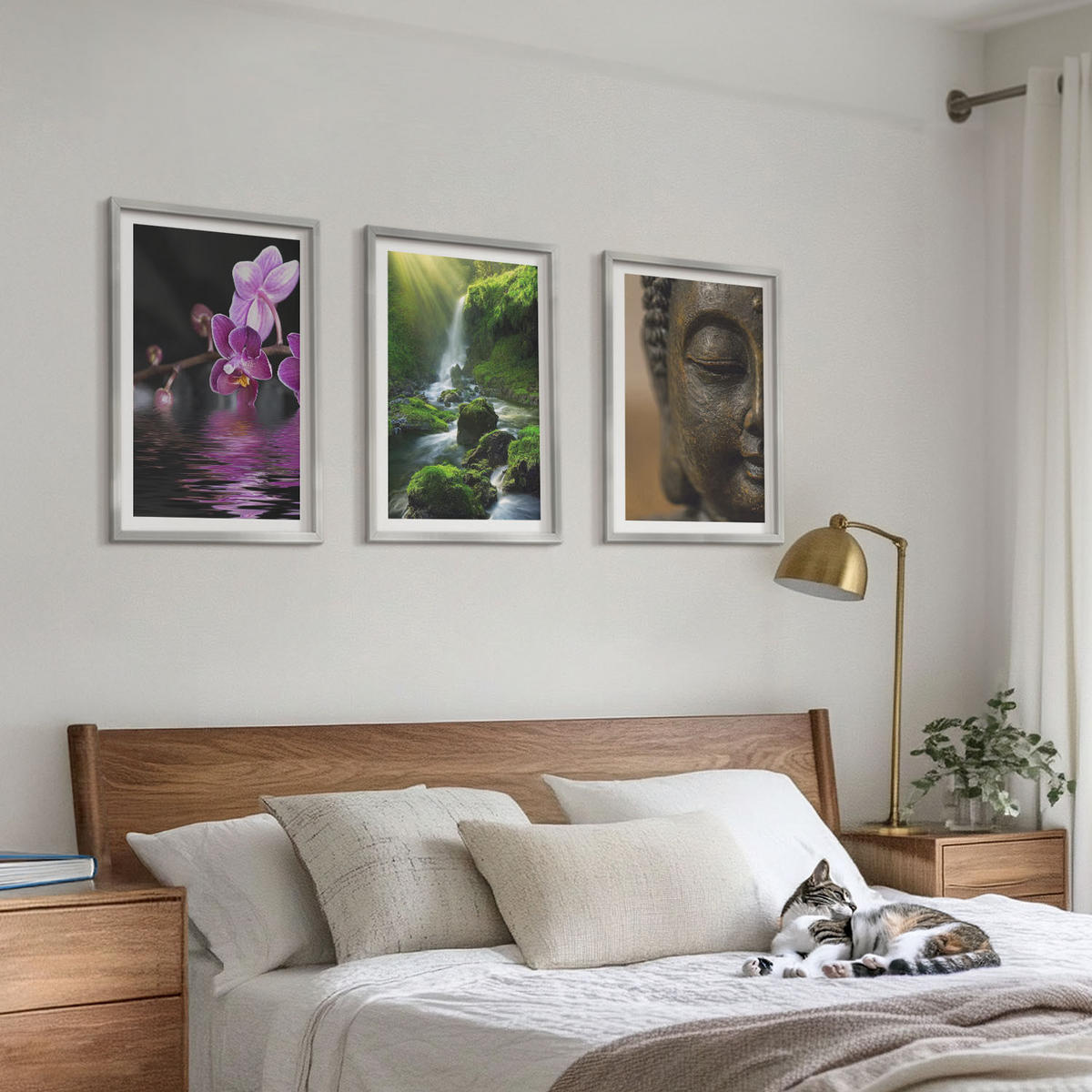 WANDBILDER 3er Set - 40x60 cm Silberner Rahmen - Blumen, Wasserfall, Buddha-Felsen, Zen - Silberfarben, Kunststoff (40/60cm) - ArtPrintCave