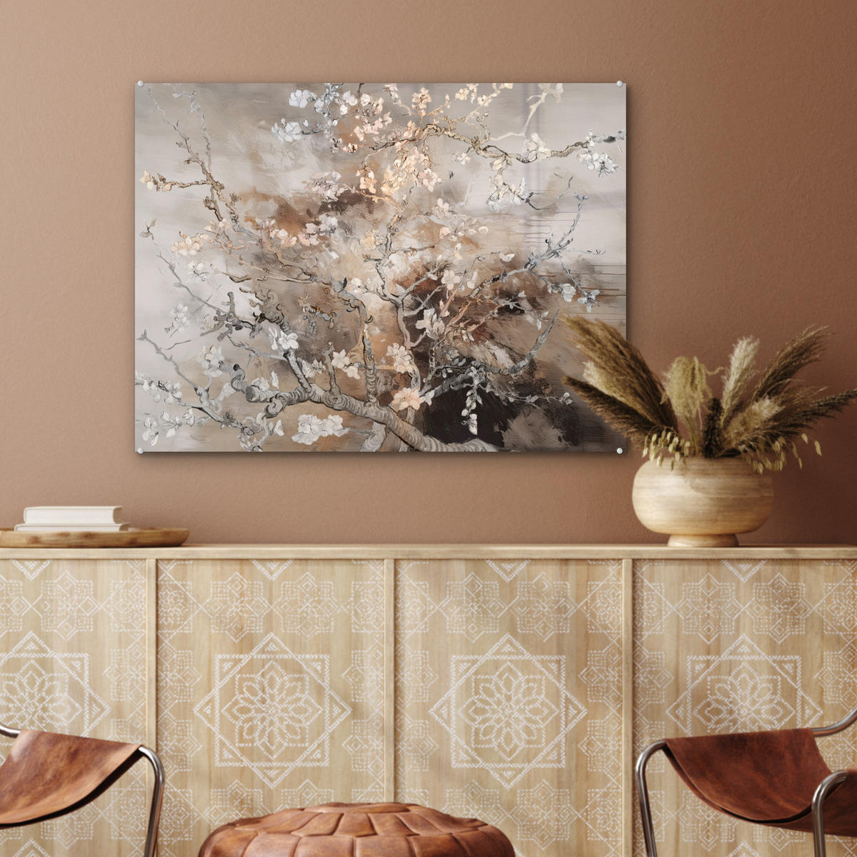ACRYLGLASBILD Mandelblüte - Kunst - Van Gogh - Beige - Abstrakt 80x60 cm - Braun, Glas (80/60cm) - MuchoWow