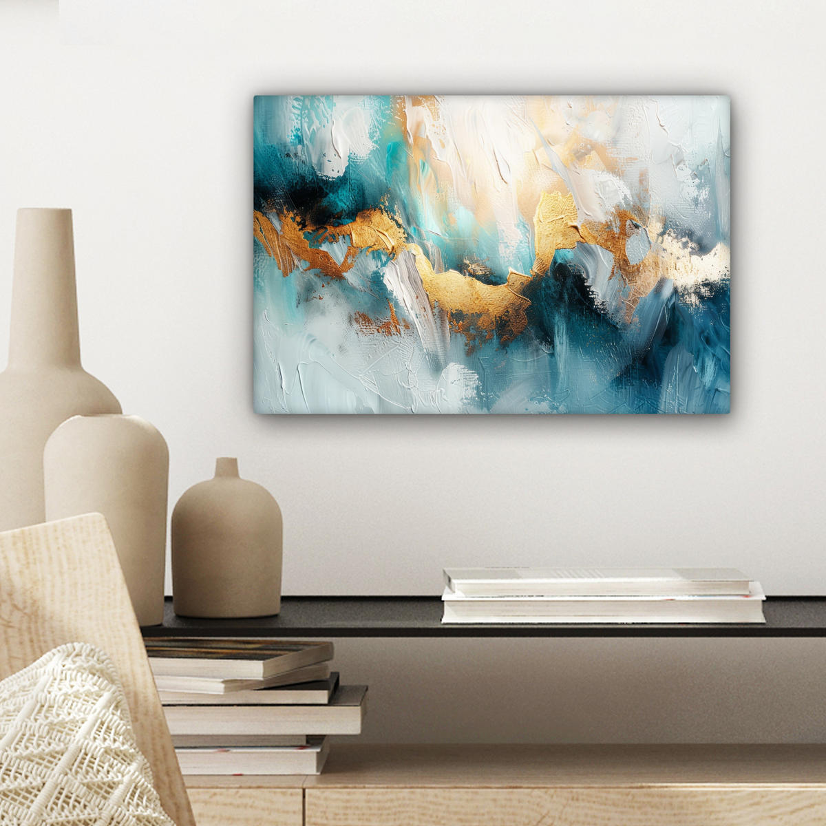 LEINWANDBILD Abstrakt - Kunst - Gold - Blau 30x20 cm - Petrol, Textil (30/20cm) - MuchoWow