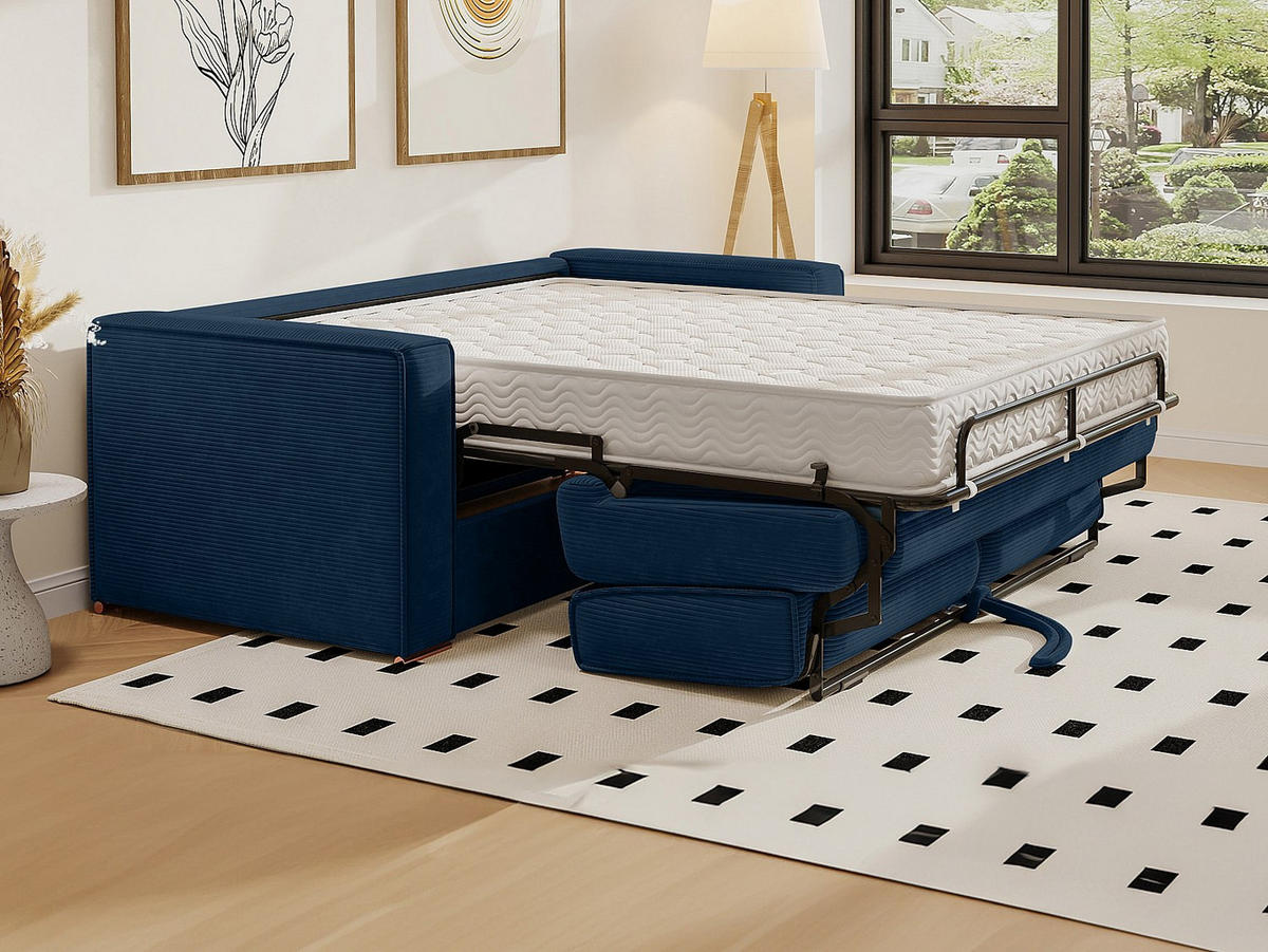 SCHLAFSOFA - 3 Personen - Samt, Stoff - Marineblau - - Dunkelblau, Textil (195/90/223cm) - Vente-Unique
