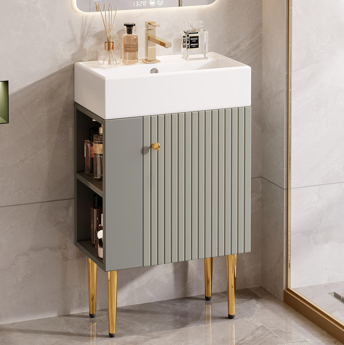 BADEZIMMERSCHRANK 55x31x91.5cm Grau-Weiß mit Hochglanz-Keramikbecken - Grau, Holzwerkstoff (55/91.5/31cm) - Modfu
