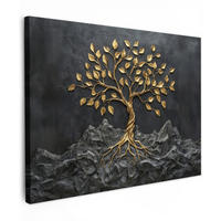 LEINWANDBILD Blätter - Gold - Baum - Fels Wandbild 40x30 cm - Schwarz, Textil (40/30cm) - MuchoWow