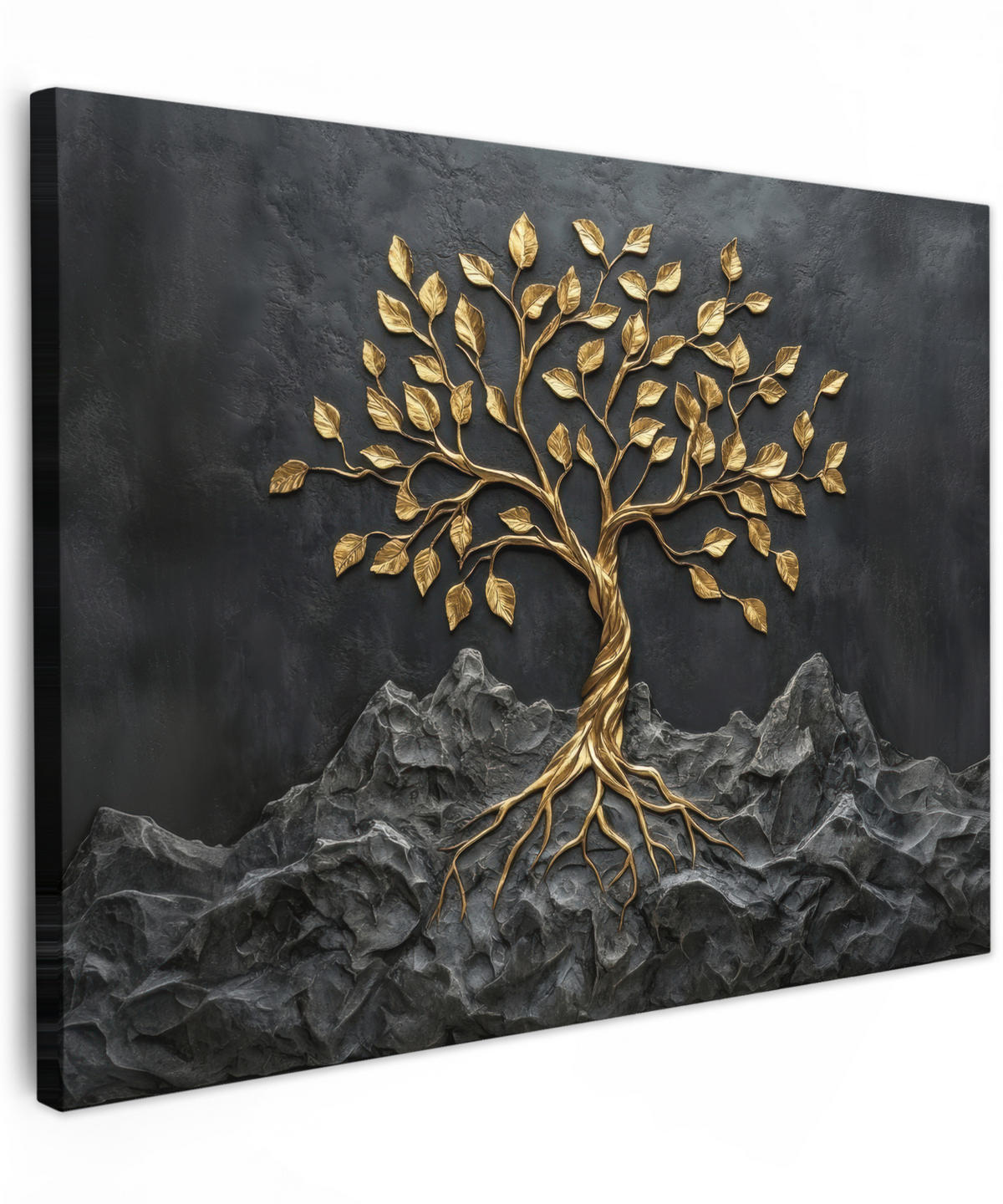 LEINWANDBILD Blätter - Gold - Baum - Fels Wandbild 40x30 cm - Schwarz, Textil (40/30cm) - MuchoWow