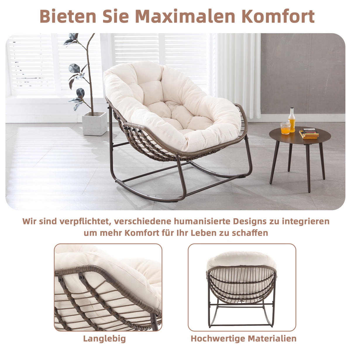 SCHAUKELSTUHL Schaukelsessel Garten,Rattanstuhl mit Stahlrahmen,Weiß-Polyester - Beige, Metall (94.5/80/111cm) - LVHOM