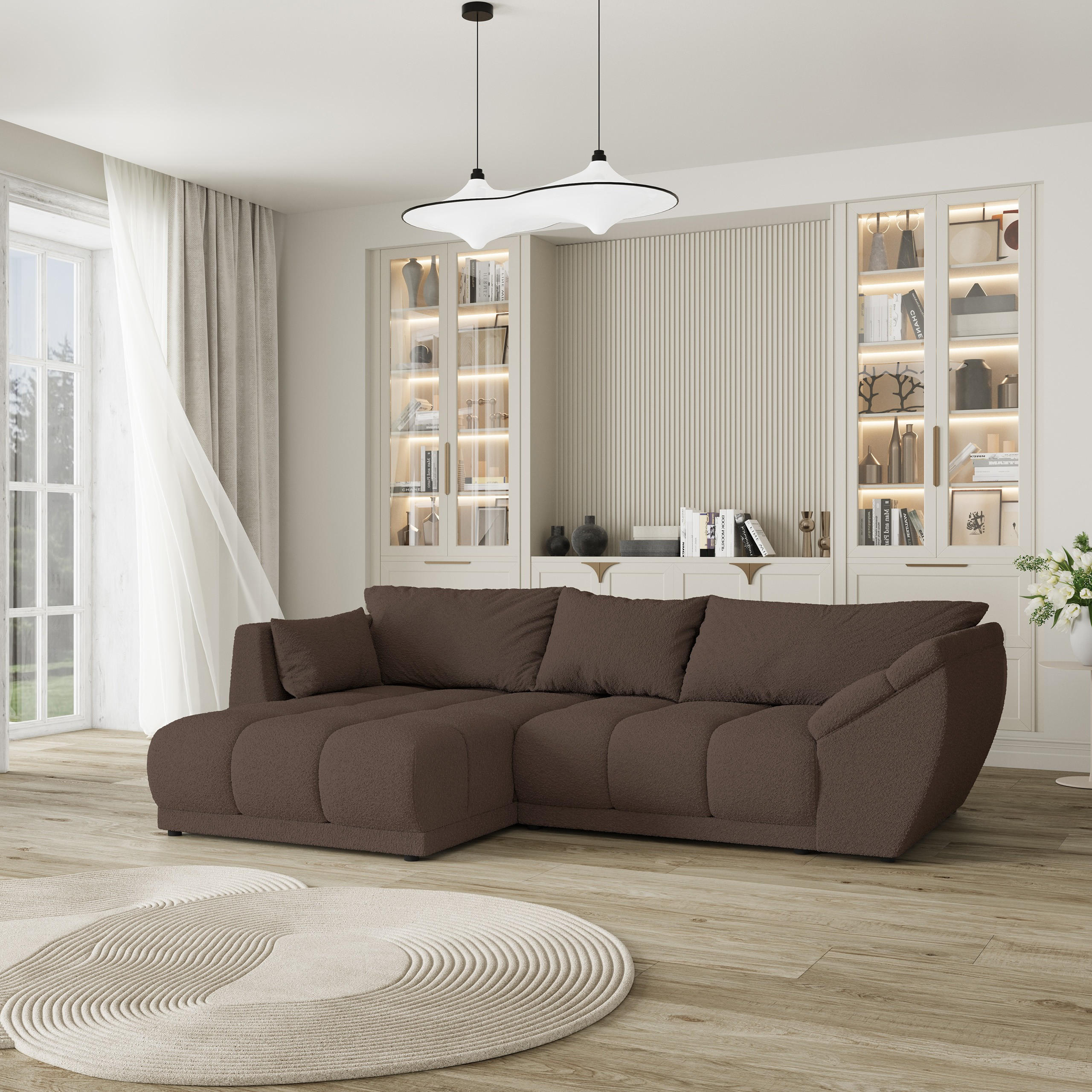 ECKSOFA ORENTI L-S Braun Boucle-Stoff mit Schlaffunktion - Braun, Holz (287/182cm) - MASSENO