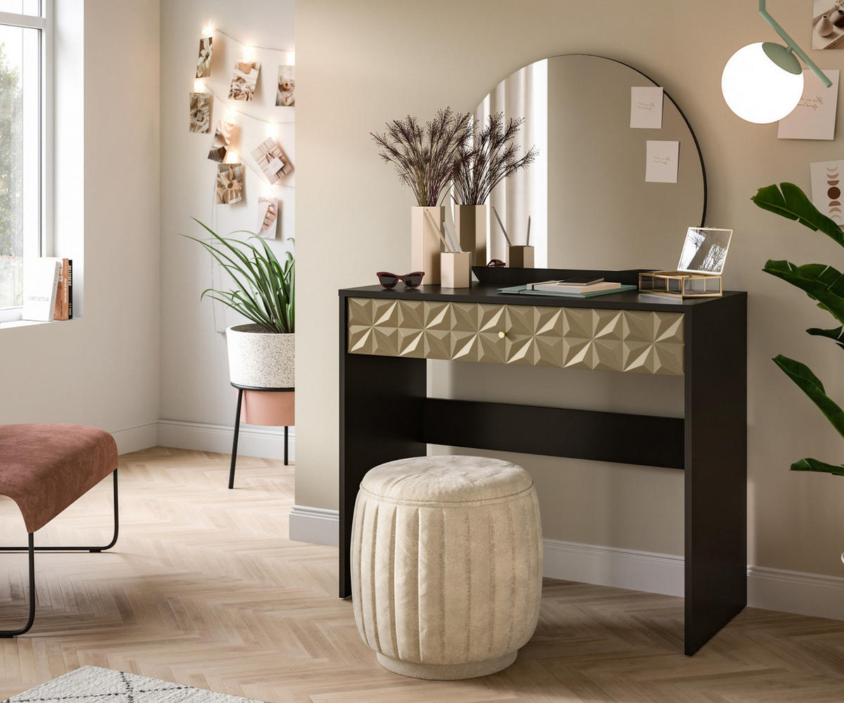 SCHMINKTISCH schwarz und gold 90 cm, Kosmetiktisch mit Spiegel - Goldfarben/Schwarz, Holzwerkstoff/Kunststoff (39/133/90cm) - Inn.Furn