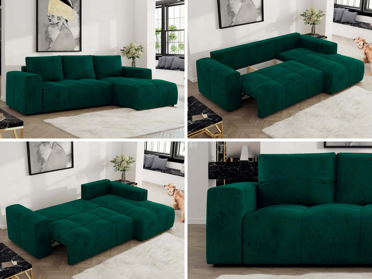 ECKSOFA MONIVA Dunkelgrün Velvet - Rechts - Dunkelgrün/Schwarz, Textil (266/164cm) - MKS