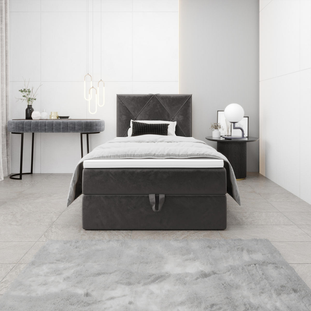 BOXBETT ALTEA 90x200 Monolith 92, mit Matratze H3, Bonell und Topper, Grau - Grau, Holz/Kunststoff (90/200cm) - Bedante