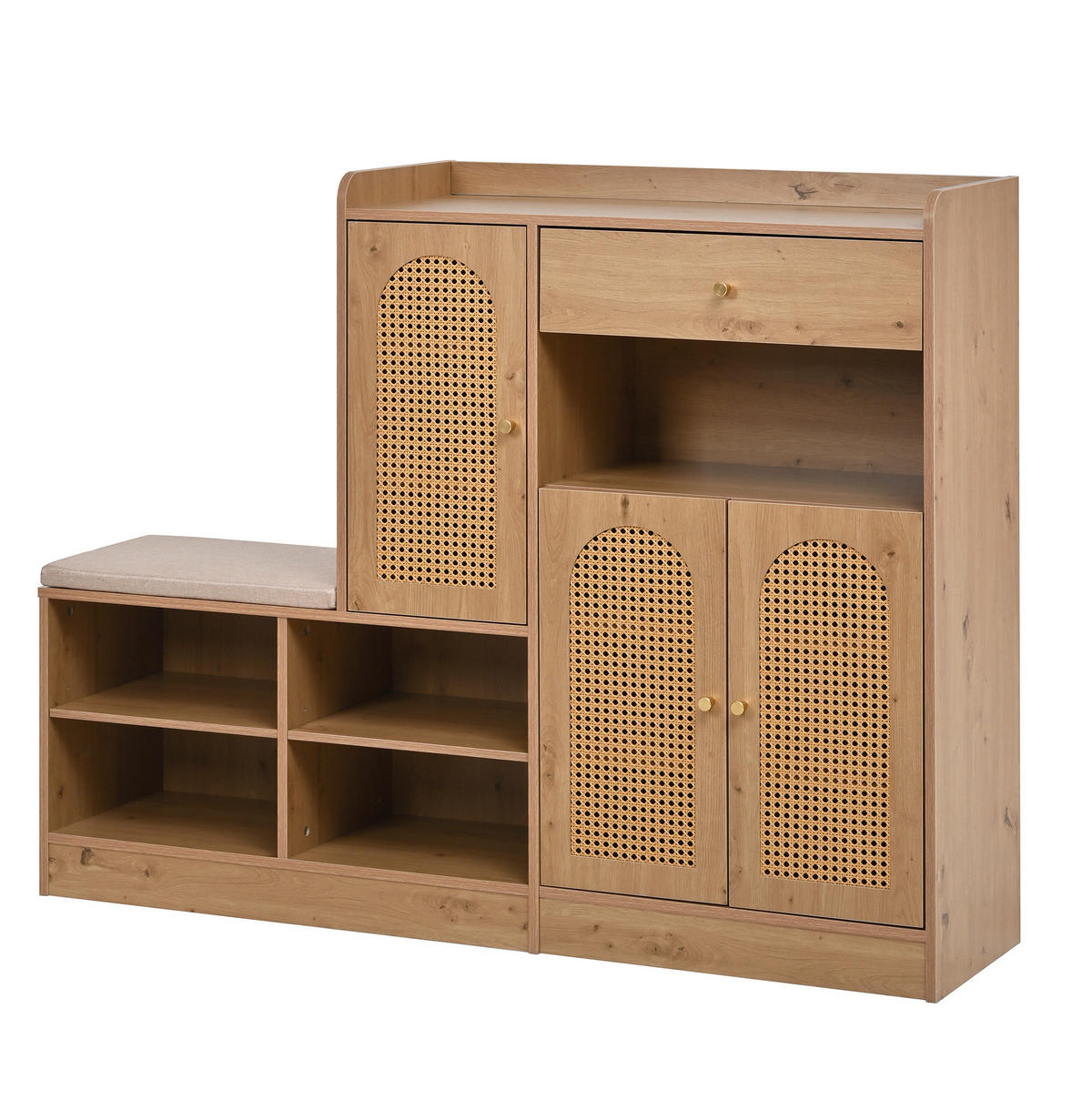 SCHUHSCHRANK 142/35/110 cm Natural aus Spanplatte mit Bank und Rattantüren - Naturfarben, Holzwerkstoff (142/110/35cm) - OKWISH