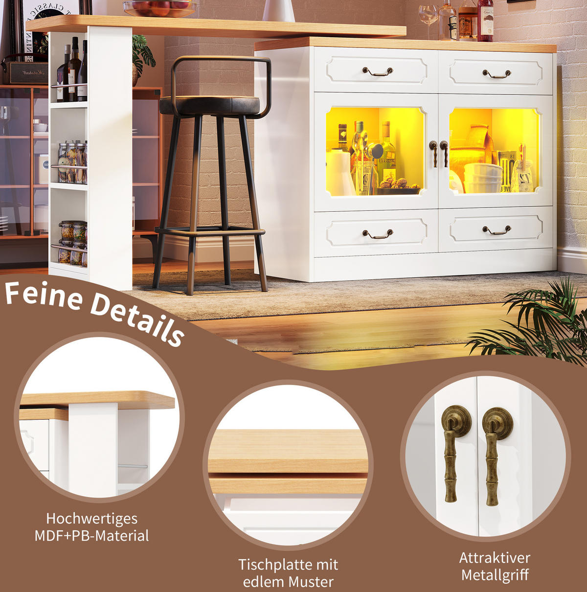 BARTISCH Ausziehbarer aus MDF mit 360° Drehplatte & LED, 135-203/39/92,8 cm, Weiß - Weiß, Holzwerkstoff (39/92.8/135cm) - Redom