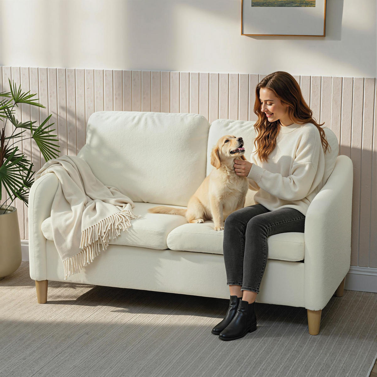 2-SITZER-SOFA DE-06558 kleine Couch mit Sherpa-Fleece-Optik, 137 cm Cremeweiß - Creme, Holz/Textil (137/82/69cm) - ComfortXL