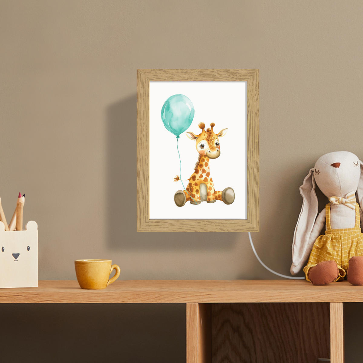 WANDLEUCHTE Giraffe - Baby - Tiere - Blauer Ballon 15x20 cm - Weiß, Holzwerkstoff (15/20/8cm) - OnlyWow