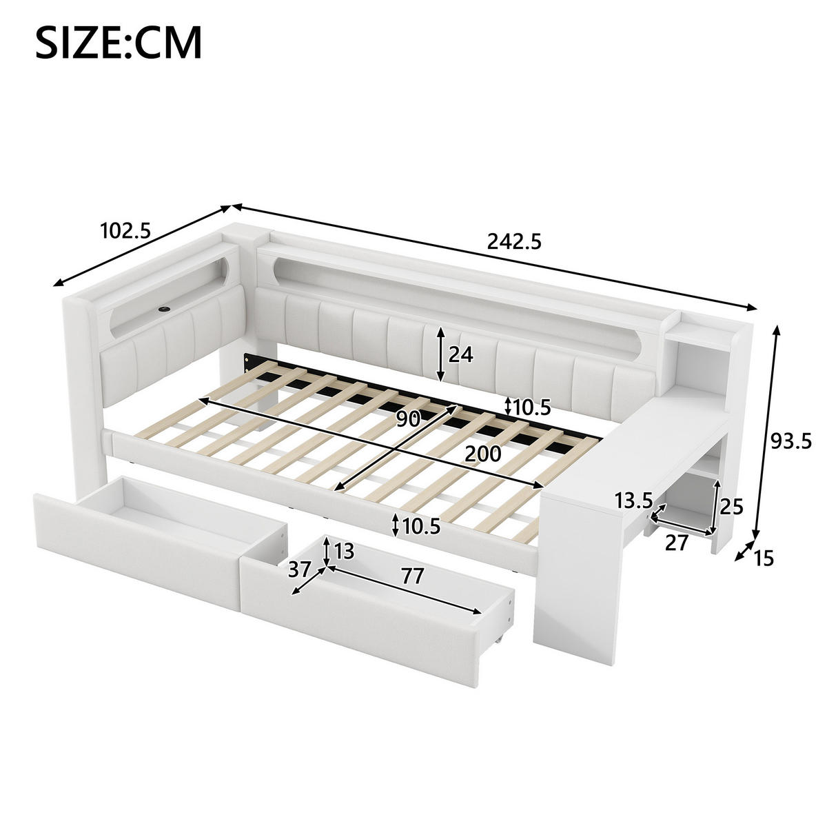 POLSTERBETT aus MDF, Sperrholz und Leinen 90x200 cm Weiß mit LED, USB, Schreibtisch und 2 Schubladen - Weiß, Holzwerkstoff (90/200cm) - Modfu