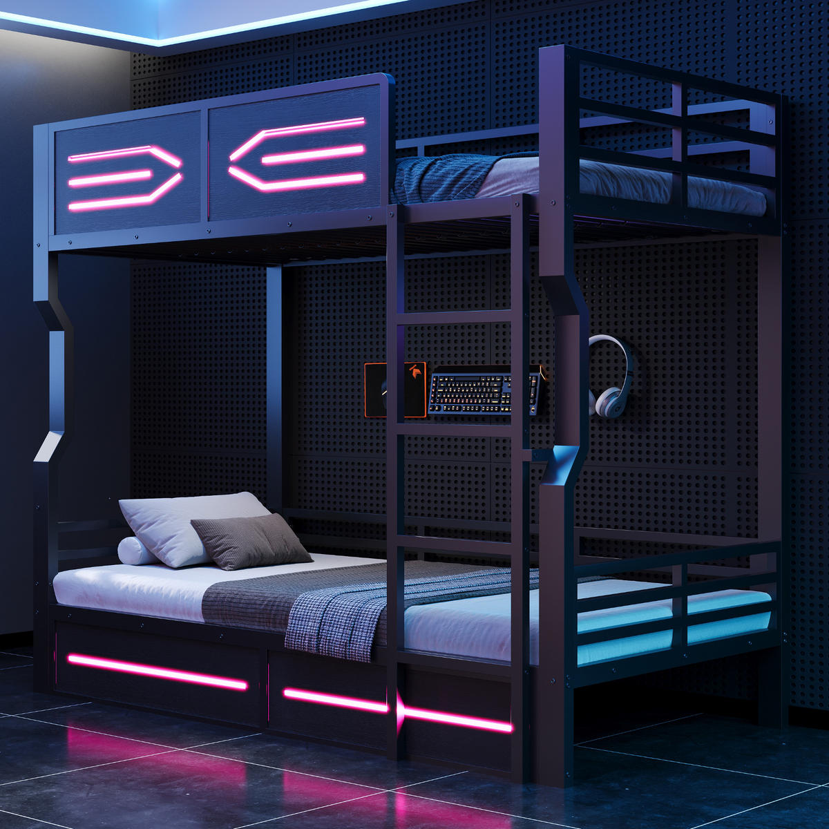 HOCHBETT 90x200 Schwarz Metall LED Sicherheitsgitter - Schwarz, Metall (90/200cm) - FLIEKS