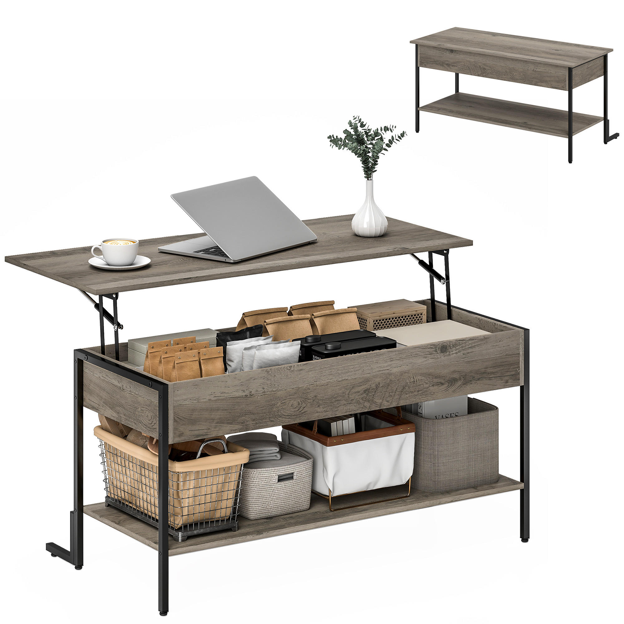 COUCHTISCH DE-15792 klappbare Platte Grau - Grau, Holzwerkstoff (95/40/59cm) - ComfortXL