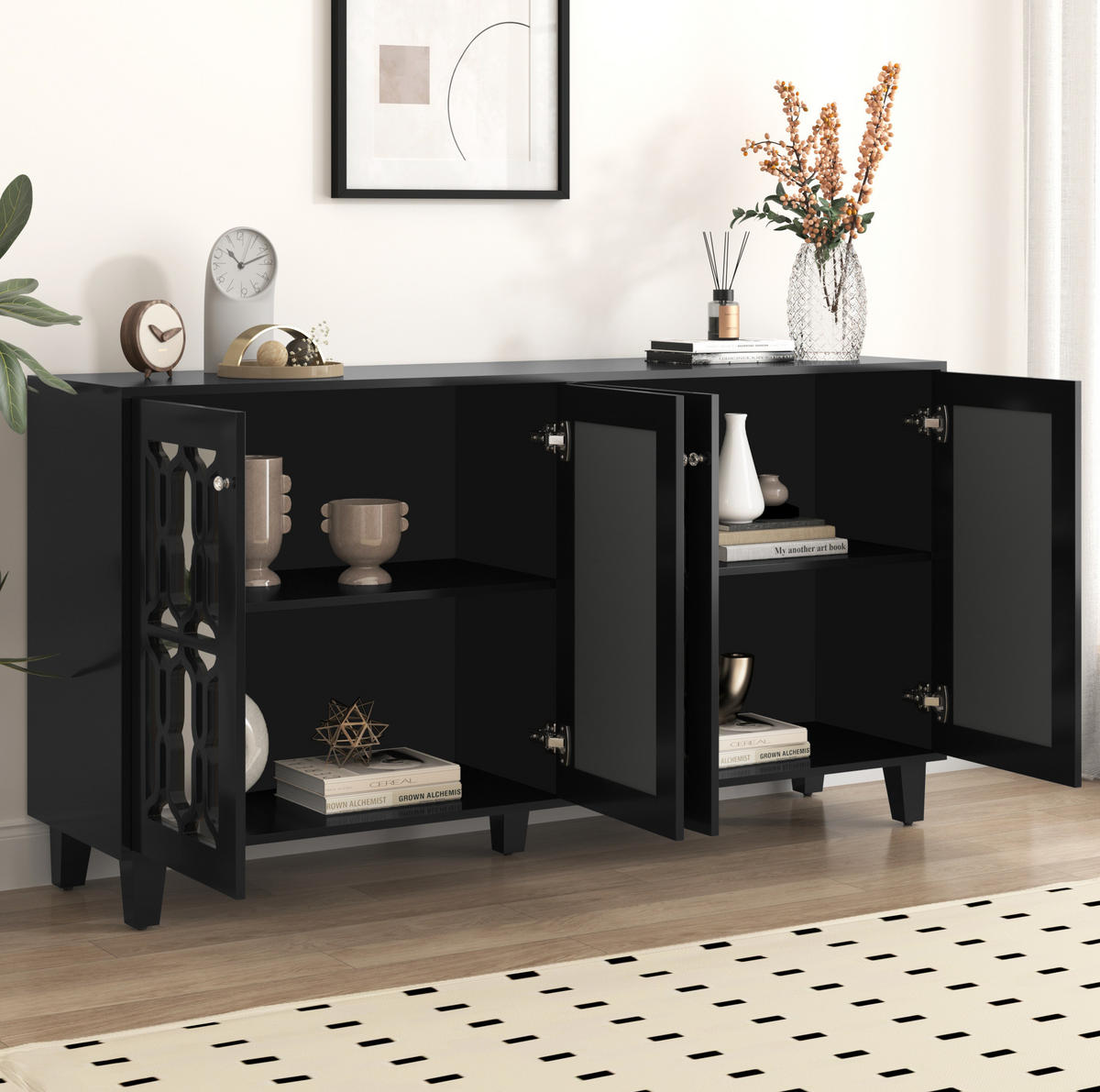 SIDEBOARD 160/40/84 cm in Schwarz mit 4 Türen und Spiegelfront - Schwarz, Holzwerkstoff (160/84/40cm) - Flora Grace