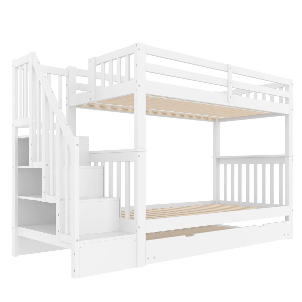 ETAGENBETT 90/200 cm Weiß aus Kiefer und MDF mit Ausziehbett und Treppenregal - Weiß, Holzwerkstoff (90/200cm) - OKWISH