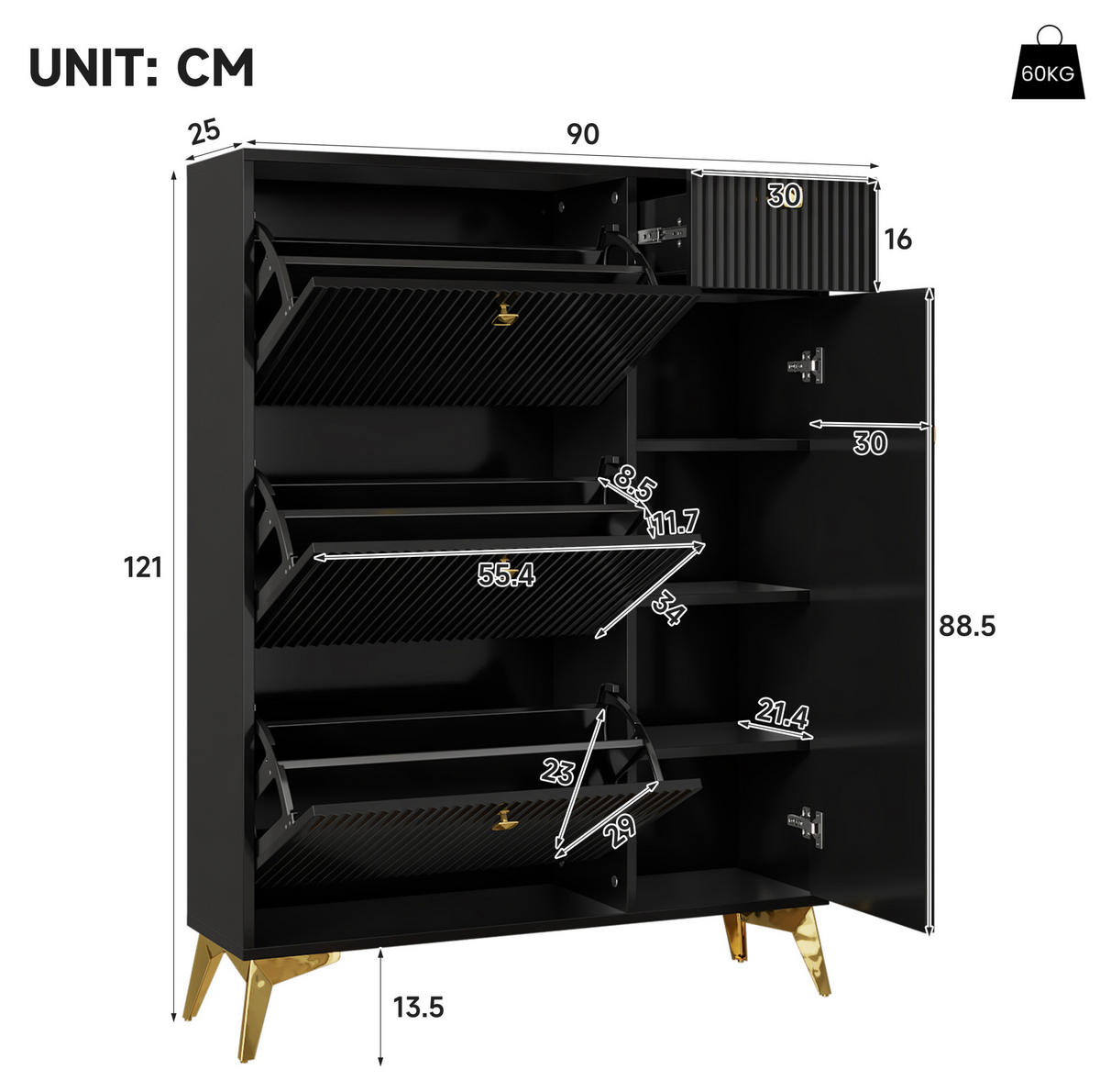 SCHUHSCHRANK 90/121/25 cm Schwarz aus Spanplatte und Metall mit Stauraum - Schwarz, Holzwerkstoff (90/121/25cm) - OKMYHOME
