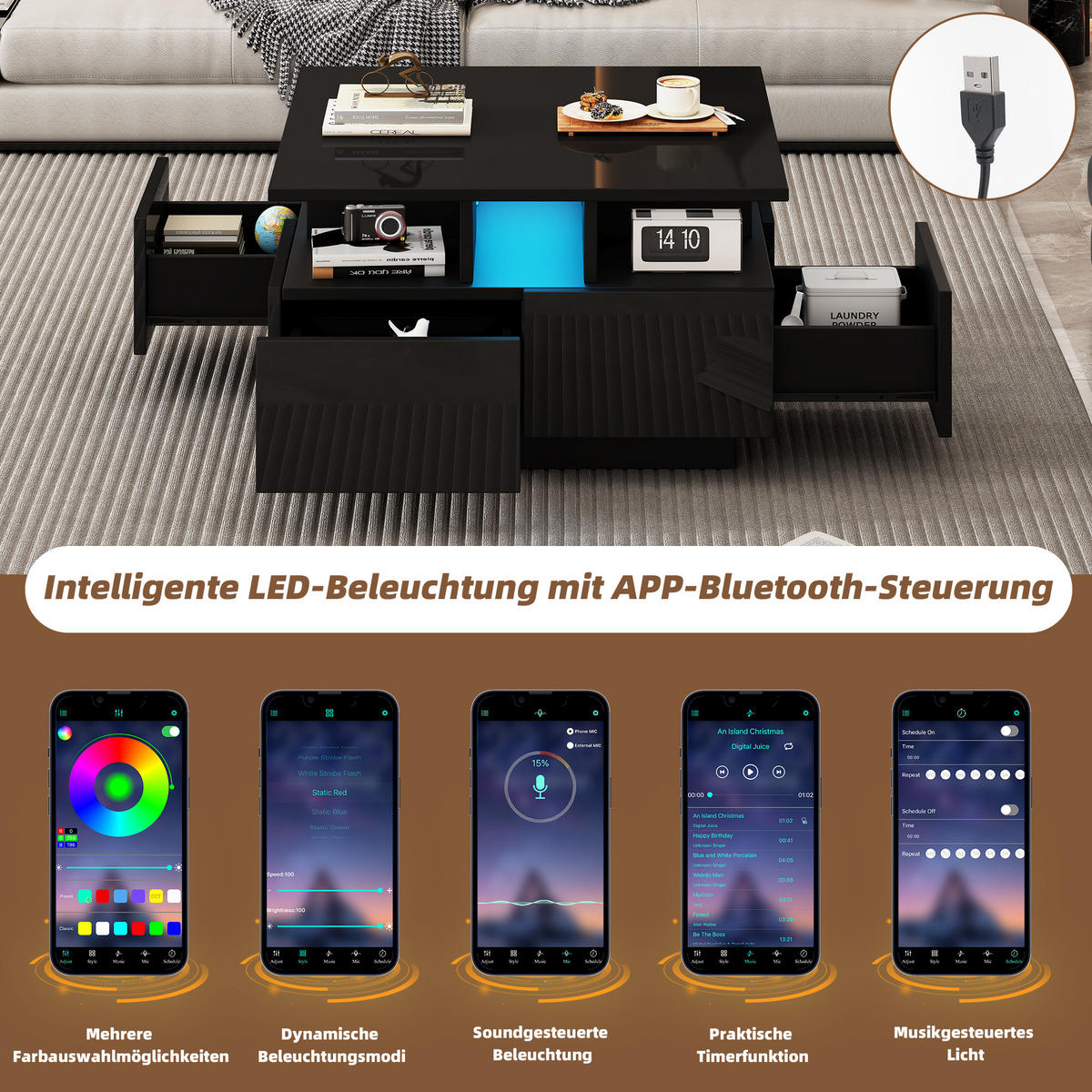 COUCHTISCH 70/70/40 cm schwarz mit 4 Schubladen und LED-Beleuchtung - Schwarz, Holzwerkstoff (70/70/40cm) - OKWISH