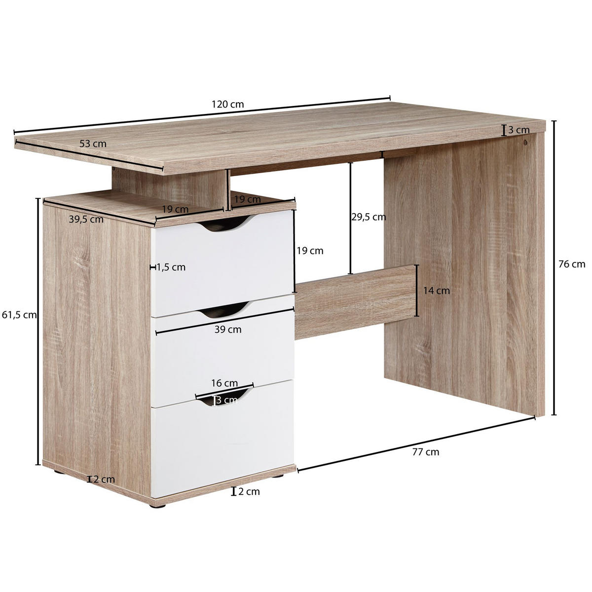 SCHREIBTISCH – Sonoma Weiß, 120x76x53 cm, 3 Schubladen, stilvoll - Beige, Holz (53/120/76cm) - KADIMA DESIGN