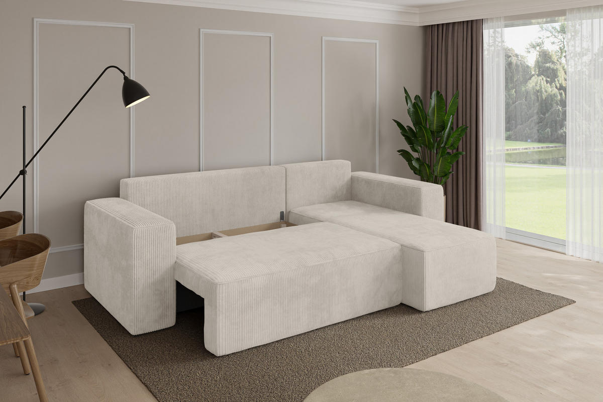 ROHOVÁ SEDAČKA s funkcí spaní, otoman vpravo SENO-L 249x139x85 krémová manšestr - černá/krémová, kompozitní dřevo/textil (249/139cm) - ALTDECOR