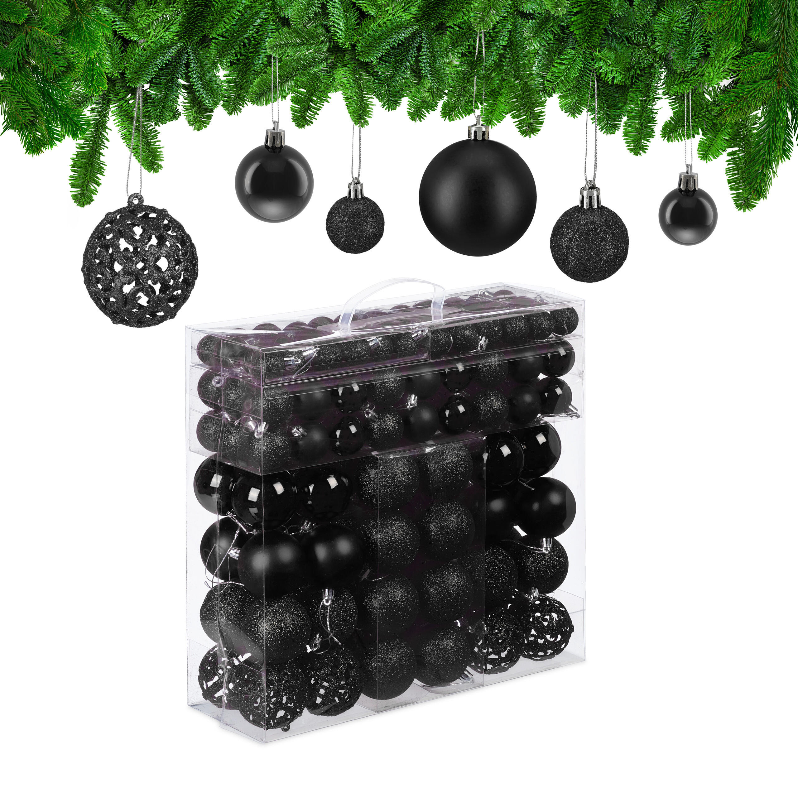 WEIHNACHTSKUGELN-SET 150-tlg. - Schwarz, Kunststoff (6/7/6cm) - Relaxdays