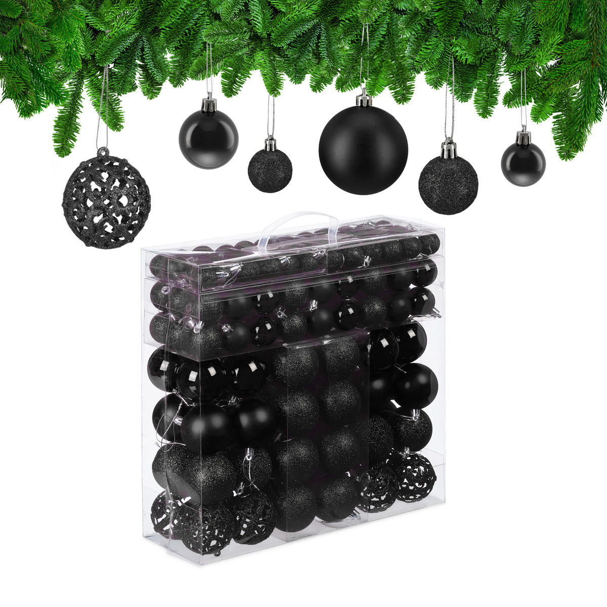 WEIHNACHTSKUGELN-SET 150-tlg. - Schwarz, Kunststoff (6/7/6cm) - Relaxdays