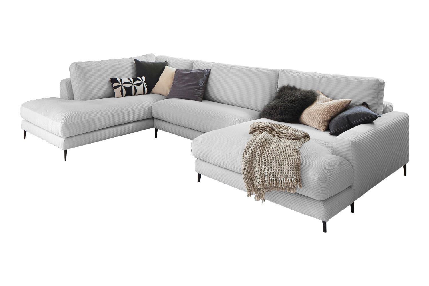 WOHNLANDSCHAFT CARA Hellgrau Cord - Hellgrau/Schwarz, Textil (341/84/223cm) - KAWOLA