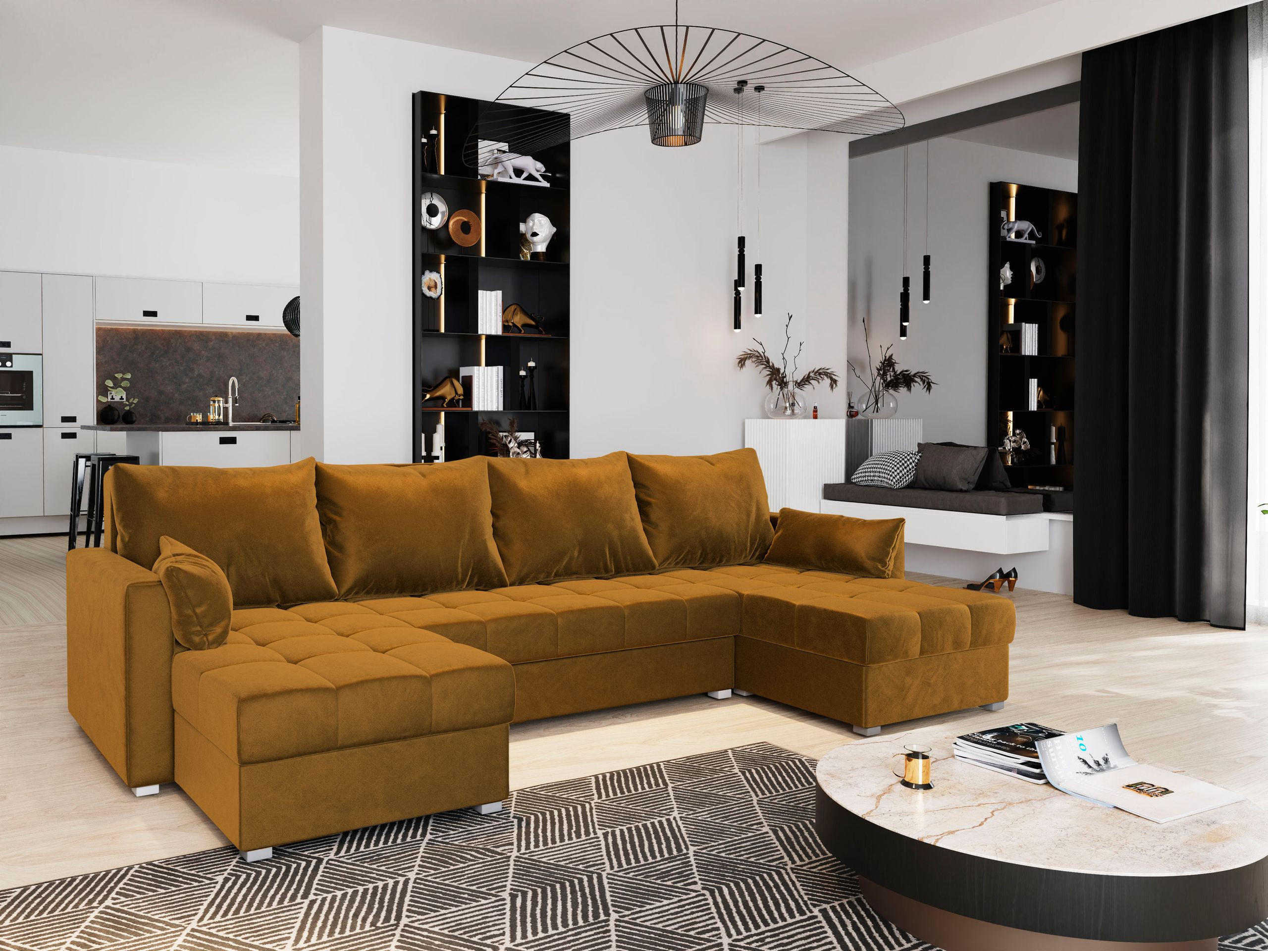 WOHNLANDSCHAFT NAKO Gelb Plüsch-Stoff mit Schlaffunktion - Gelb, Holz (285/85/140cm) - MASSENO