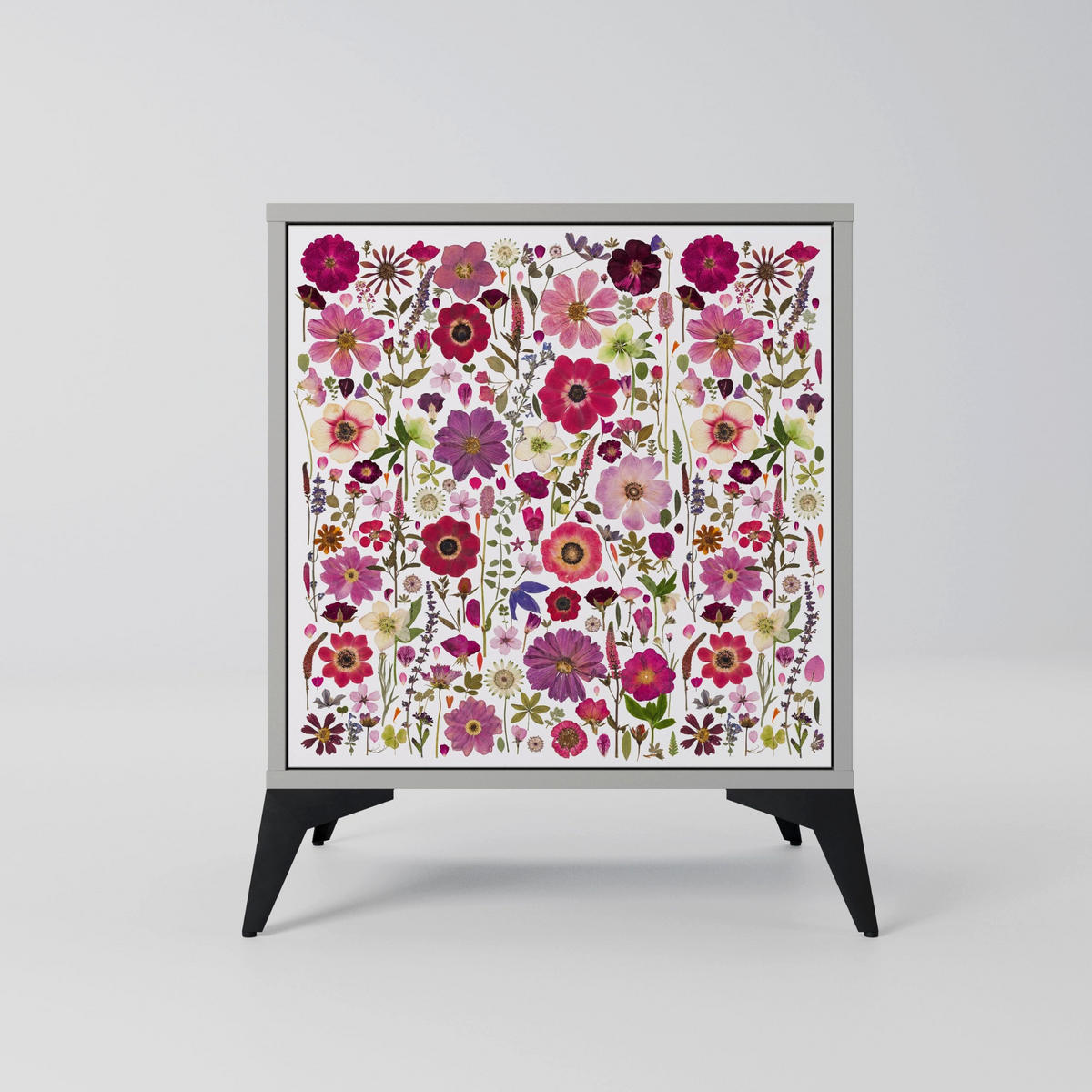 SIDEBOARD PETAL GARDEN, Grau, 57,5x42x77,5 cm, Schräge Buchenholzfüße - Buchefarben/Multicolor, Holzwerkstoff/Buchenholz (57.5/77.5/42cm) - SpaceRebels