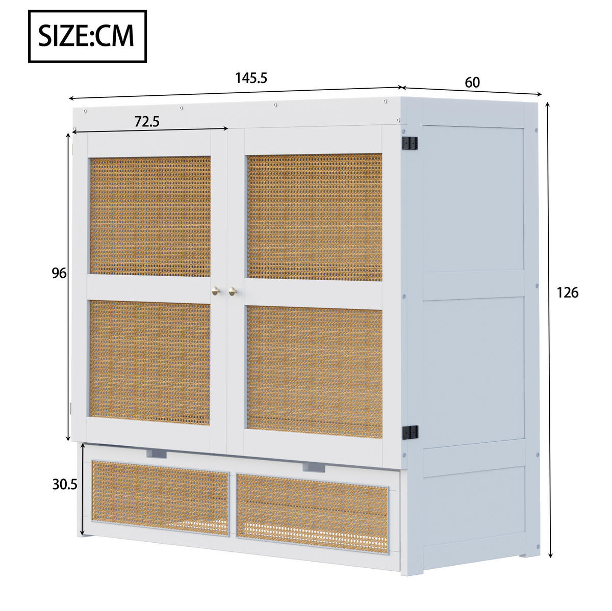 SCHRANKBETT aus Kiefer, Sperrholz und MDF 140x200 cm Weiß mit Lattenrost, Schubladen und Rattan-Design - Weiß, Holzwerkstoff (140/200cm) - Modfu