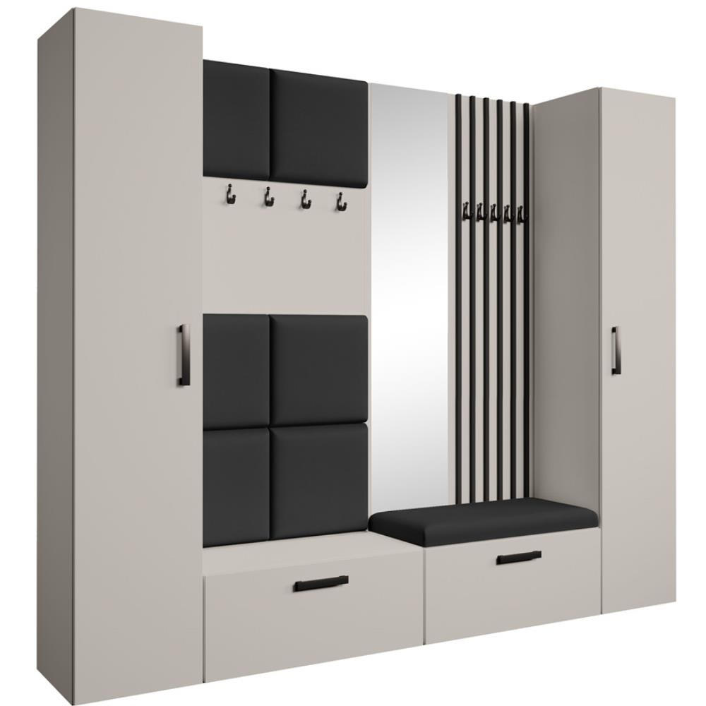 GARDEROBE Margaret XL 242/203/43 mit gepolsterten Paneelen/Lamellen/Spiegel - Kaschmir/Schwarz, Holzwerkstoff/Kunststoff (242/203/43cm) - Beautysofa