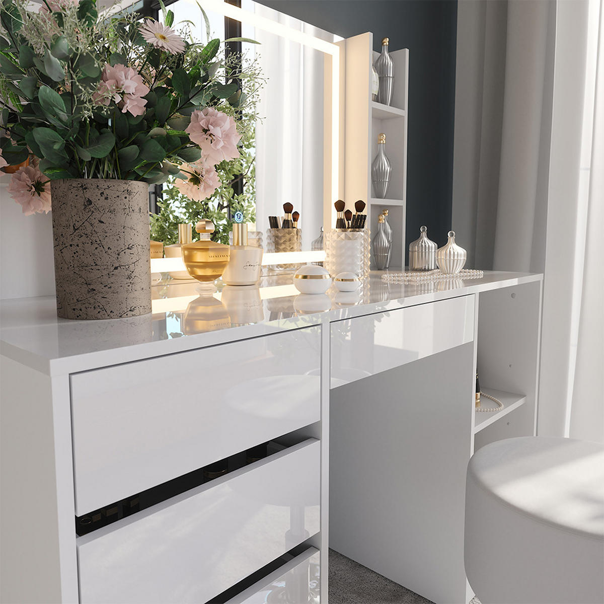 SCHMINKTISCH Sherry Weiß/Weiß Hochglanz 128.2 cm 5 Teile - Weiß Hochglanz, Holzwerkstoff (128.2/76/50.1cm) - Vicco