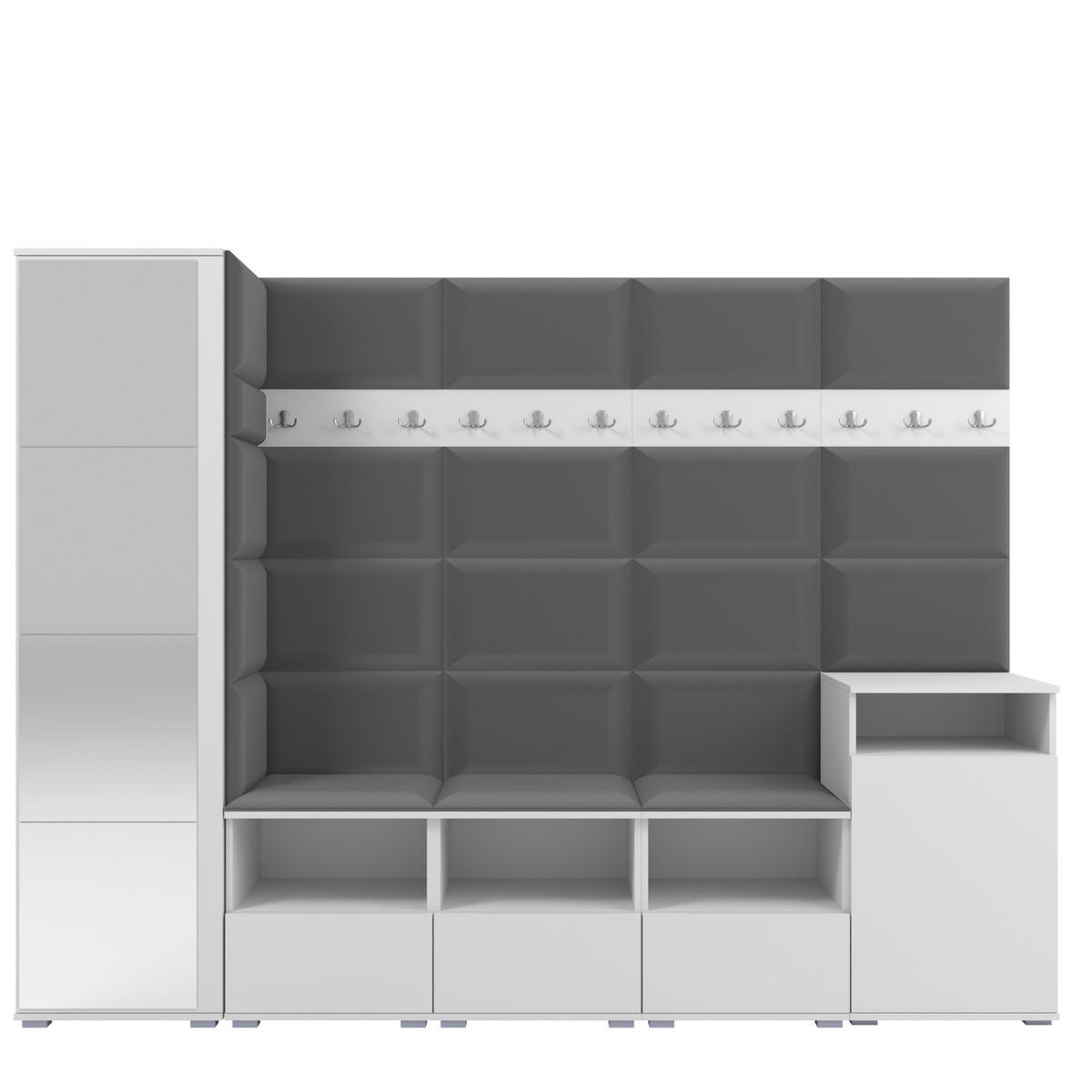 GARDEROBE NELA XI 250 cm (Modulare Flurmöbel Weiß mit Spiegel & Sitzpolster Dunkelgrau 15 Großes Set) - Dunkelgrau/Silberfarben, Holz/Holzwerkstoff (250/187/40cm) - Ravio