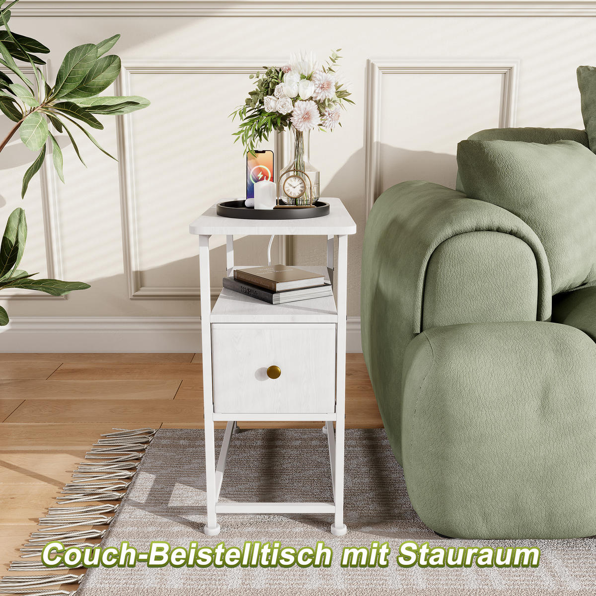 NACHTTISCH LED USB Schublade offene Fächer weiß - Weiß, Holz (60/62/30cm) - LEBENLANG