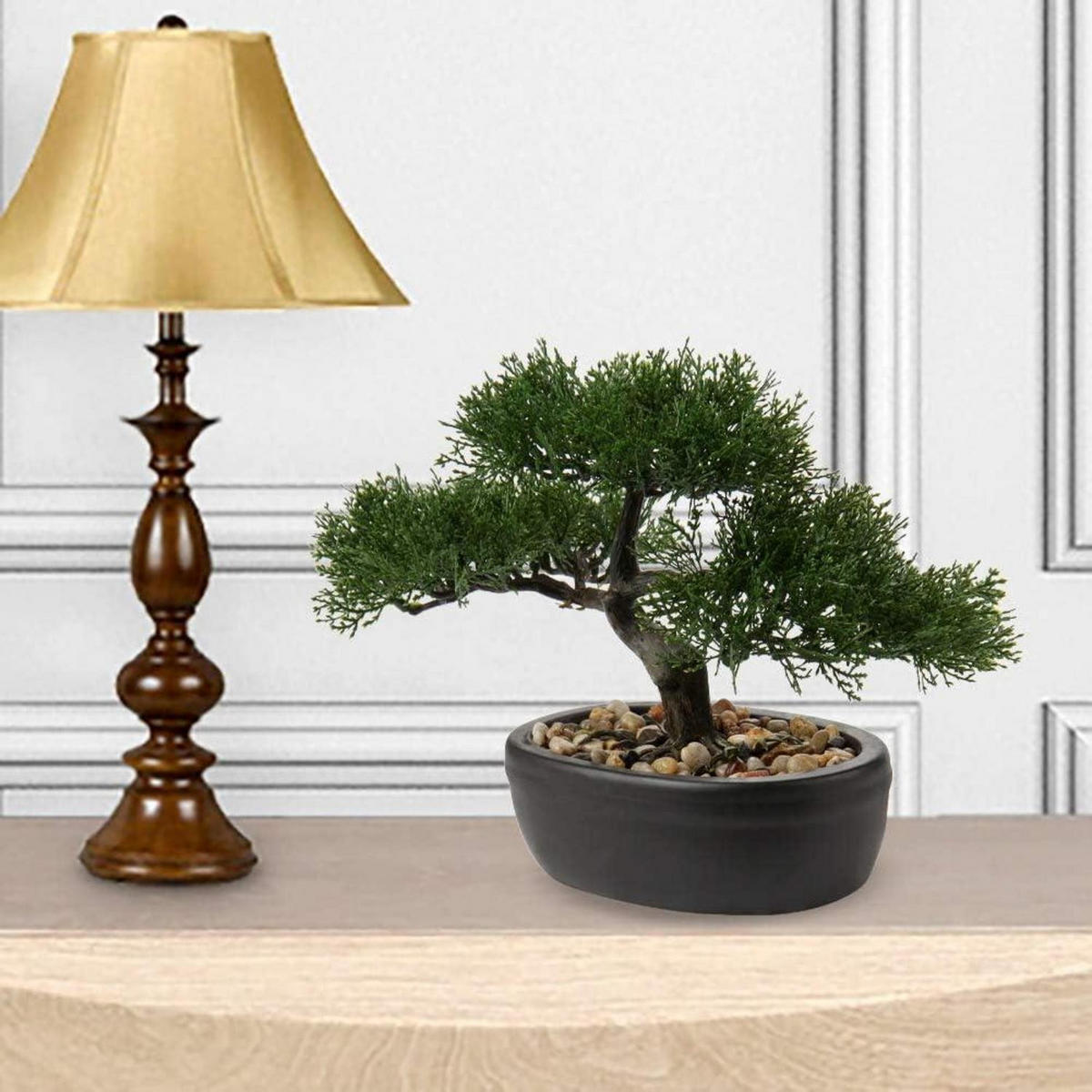 KUNSTBONSAI Zeder mit Keramik-Übertopf Schwarz 23 cm - Grün, Kunststoff (23cm)