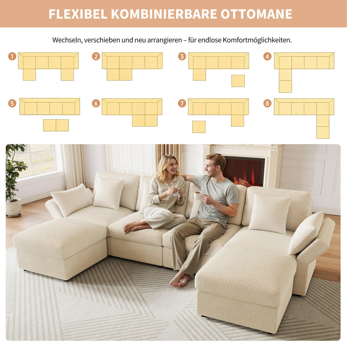 WOHNLANDSCHAFT 290/159.5/89 cm Beige mit 2 abnehmbare Fußhocker - Beige, Textil (290/89/159.5cm) - Oxeza