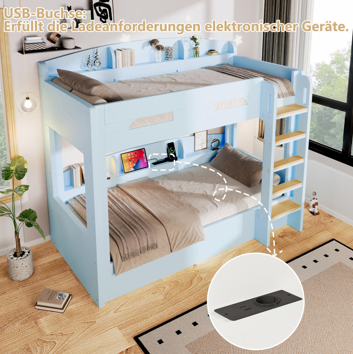 HOCHBETT 90x200 cm in Hellblau mit Unterbett, USB-Steckdose und Ablagefächern - Blau, Holz (90/200cm) - IVMEU