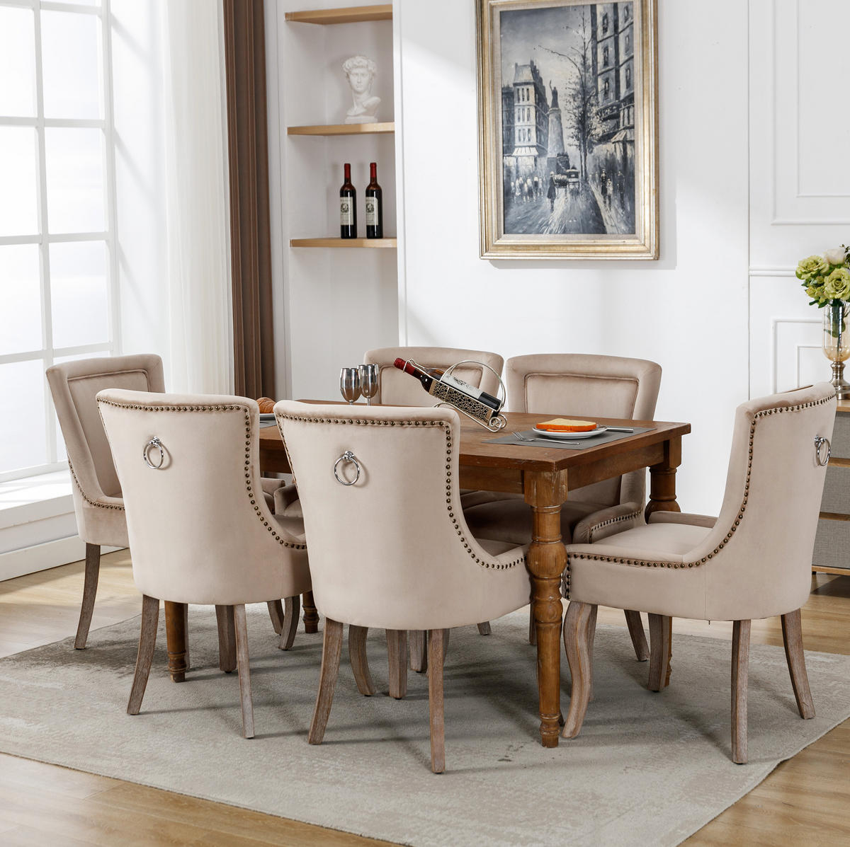 ESSZIMMERSTUHL gepolstert Samt Beige Massivholzrahmen 6er-Set - Beige, Holz (61/91/55.2cm) - Meubliv
