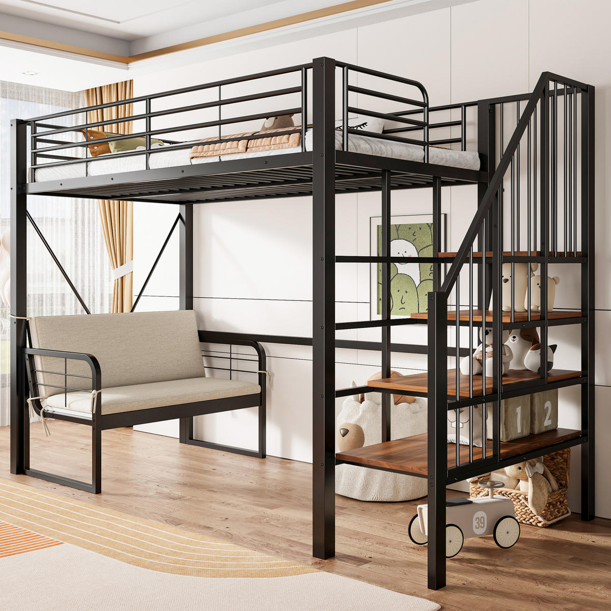 HOCHBETT 90/200 cm DE-01525, in Schwarz, mit Polstersofa, Stauraum und Sicherheitstreppe - Schwarz, Metall (90/200cm) - ComfortXL