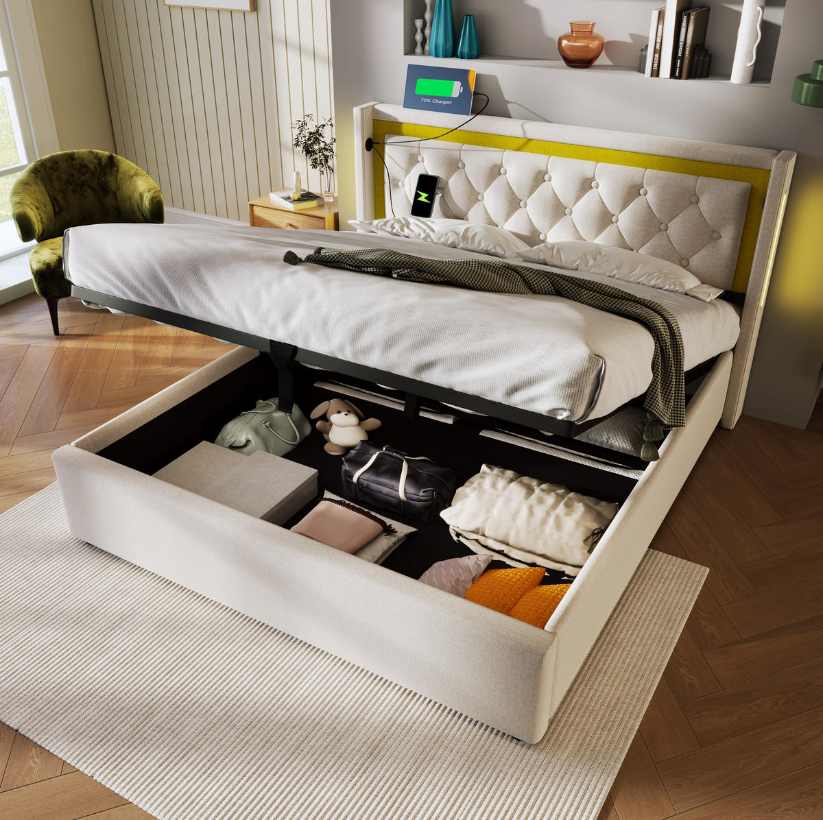 POLSTERBETT mit LED, Stauraum und USB-C 140x200 cm Beige inklusive Matratze - Beige, Metall (140/200cm) - Meubliv
