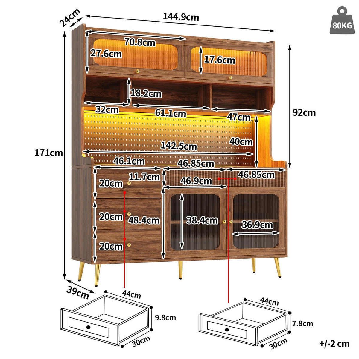 KÜCHENSCHRANK 145/171/39 cm MDF und Glas Walnuss MIT LED-BELEUCHTUNG, Aufbewahrungsschrank mit Lochwand für Wohnzimmer - Walnussfarben, Holzwerkstoff (39/171/145cm) - Rolipo