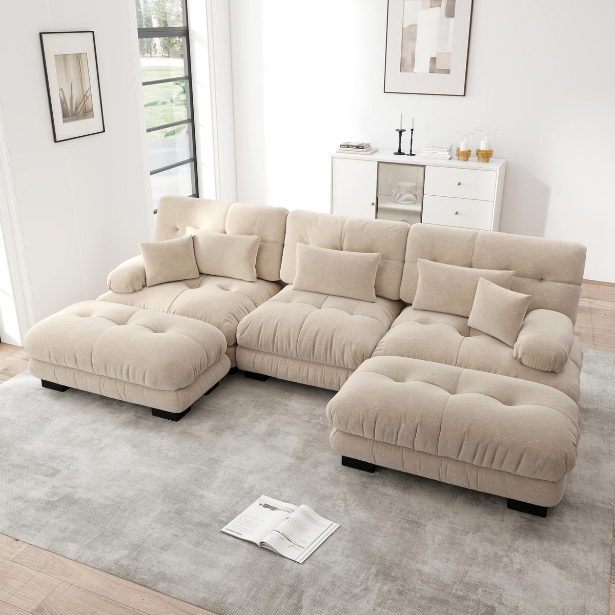 ECKSOFA mit beweglichen Ottomane, tiefem Sitz und Chenille-Bezug, Hellbraun - Cappuccino, Textil (313/145cm) - Redom