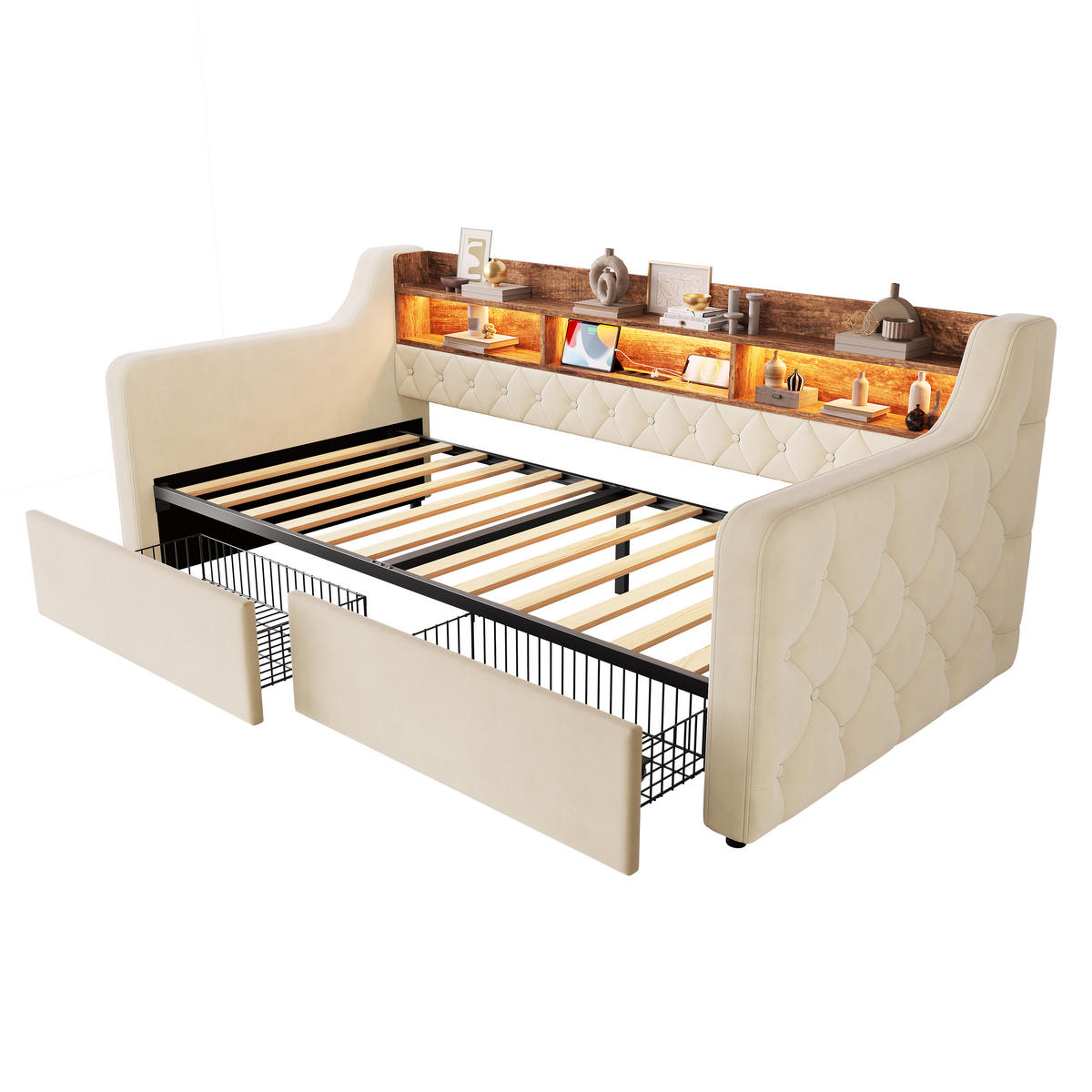 TAGESBETT 90/190 mit Schubladen & Regal, USB-C Ladeanschlüsse/LED, Samt, Beige - Beige, Holz (90/190cm) - LVHOM