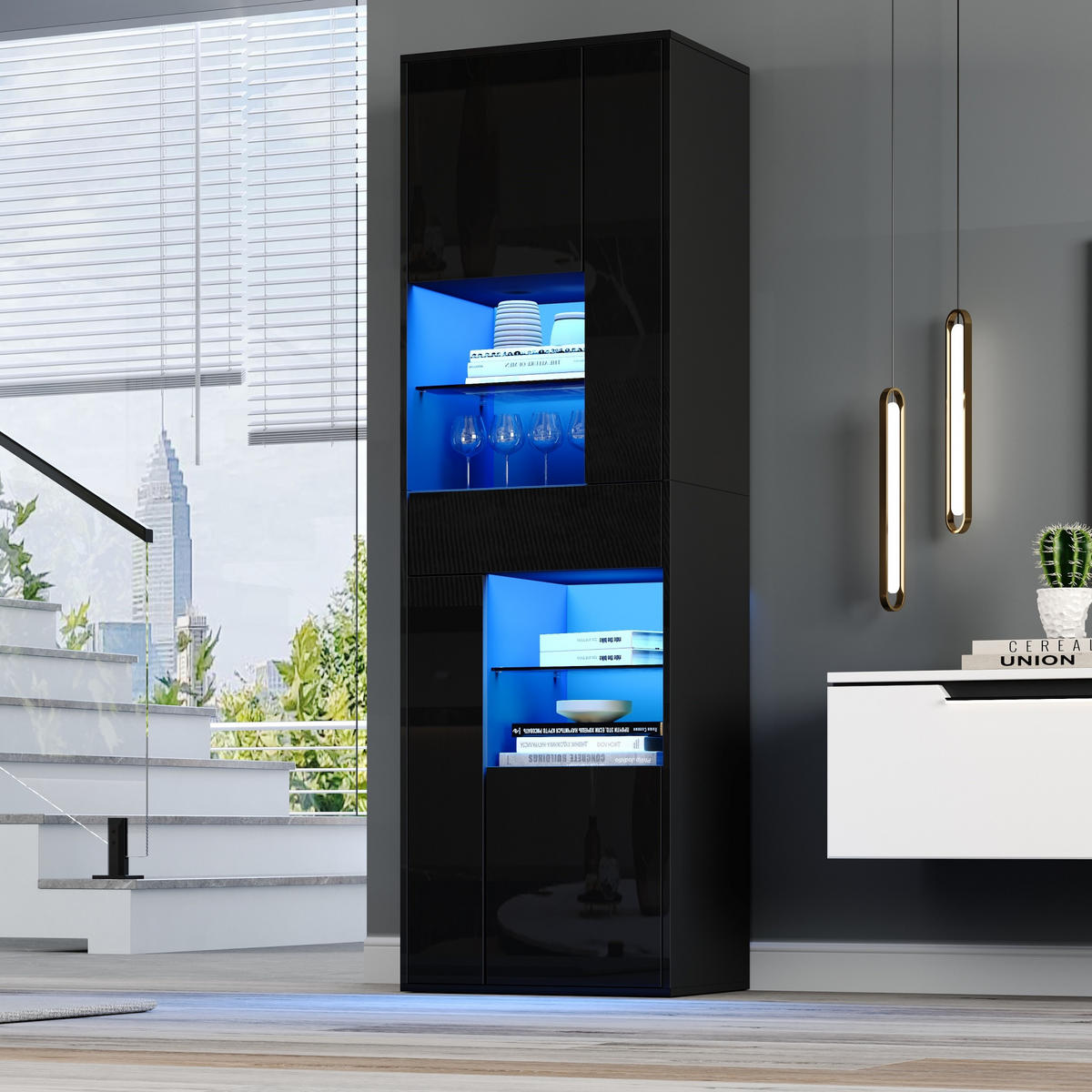 VITRINE in Schwarz Verkaufsvitrine mit LED-Beleuchtung und 1 Schublade für Wohnzimmer, B55/T38/H170cm - Schwarz/Weiß, Glas/Holzwerkstoff (55/170/38cm) - STILVORA