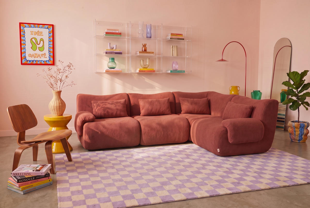 ROHOVÁ sedačka bouclé tkanina terakotovo červená - terakotová, textil (269/182cm) - MILYsofa