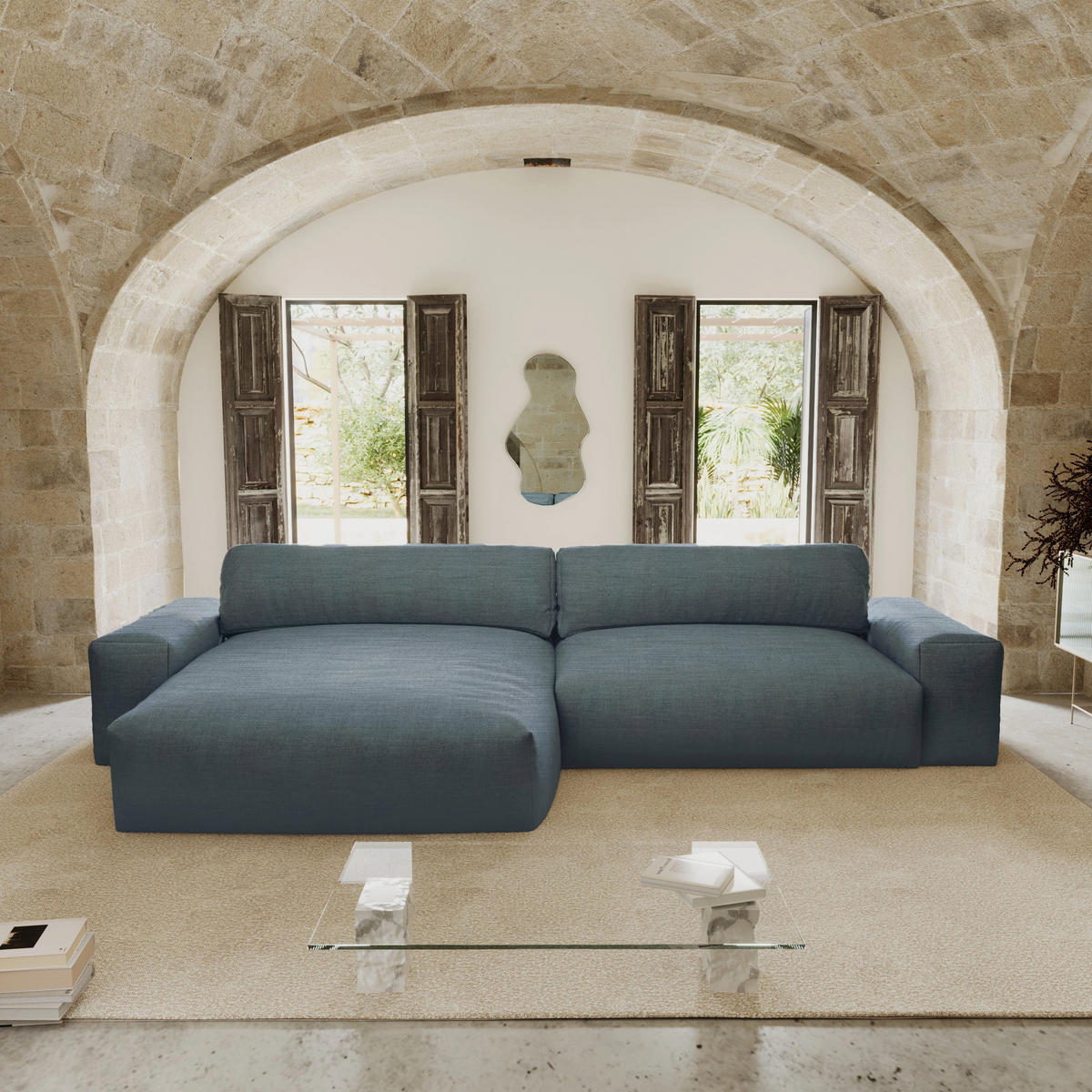 ECKSOFA LINKS Rastergewebe mit weichem Griff Jeansblau 310cm - Blaugrau, Textil (174/310cm) - Sia Home