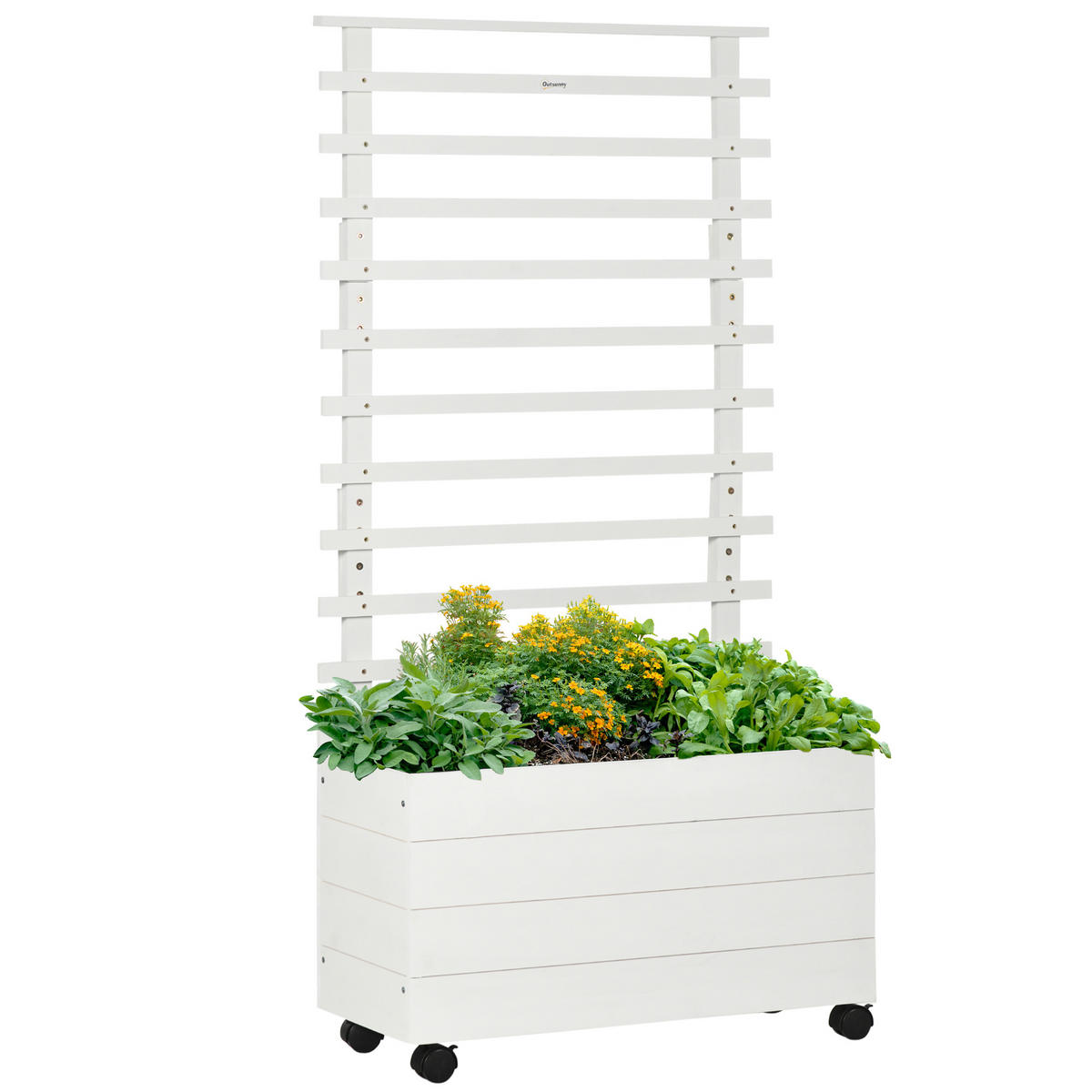 PFLANZKASTEN, Blumenkasten mit Rollen, Hochbeet für Kletterpflanzen, Naturholz, Weiß - Weiß, Holz (30/155/76cm) - Outsunny
